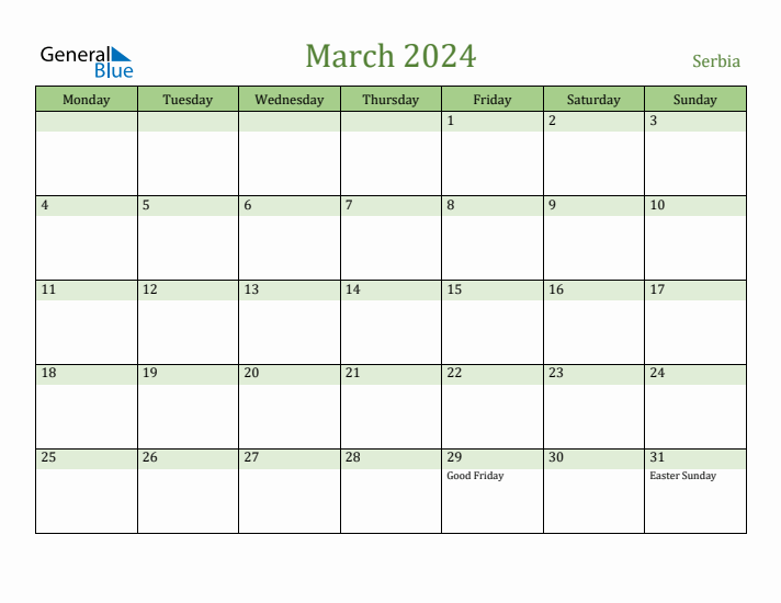 March 2024 Calendar with Serbia Holidays
