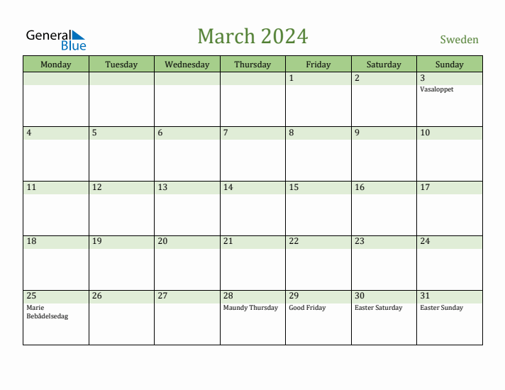 March 2024 Calendar with Sweden Holidays