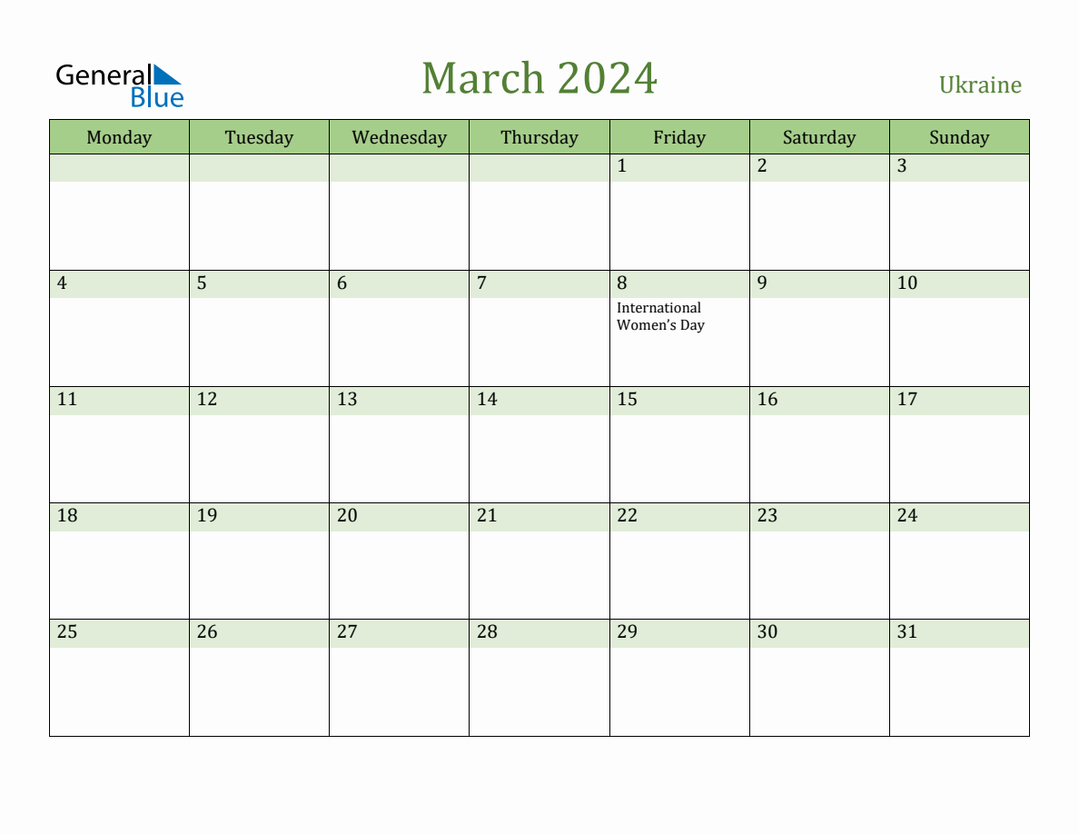 Fillable Holiday Calendar for Ukraine March 2024