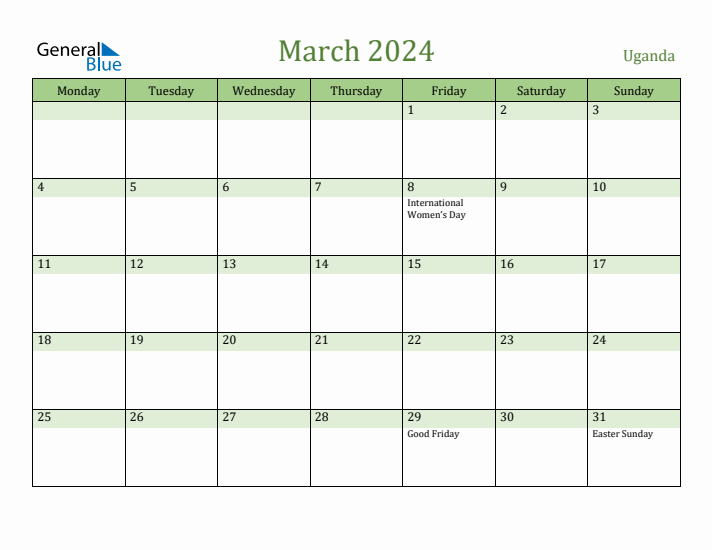 March 2024 Uganda Monthly Calendar with Holidays