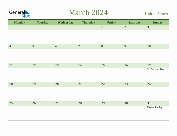 Fillable Holiday Calendar for United States March 2024
