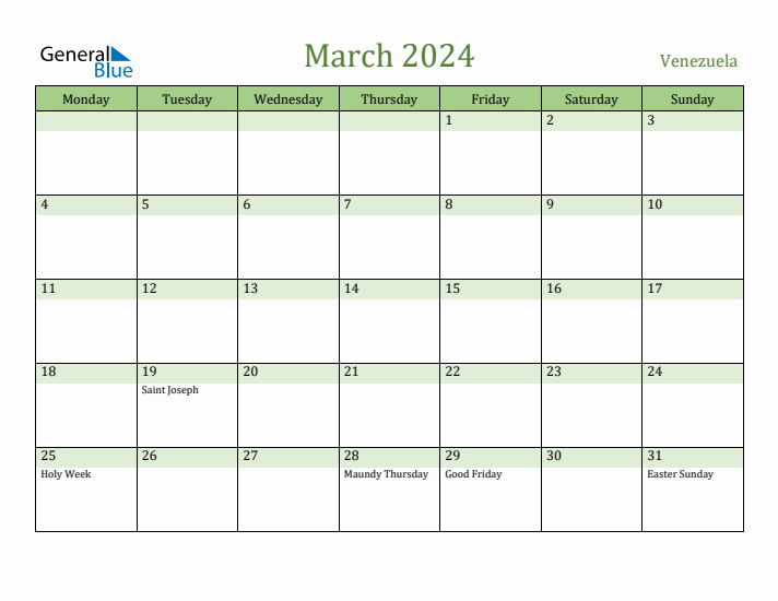 March 2024 Calendar with Venezuela Holidays