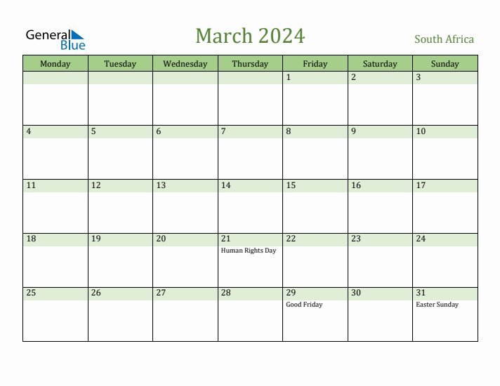 March 2024 South Africa Monthly Calendar with Holidays