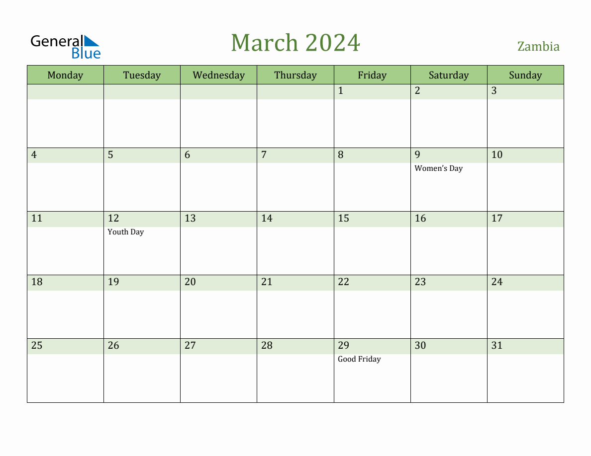 Fillable Holiday Calendar for Zambia March 2024