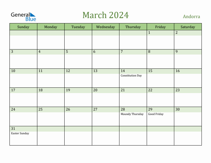 March 2024 Calendar with Andorra Holidays