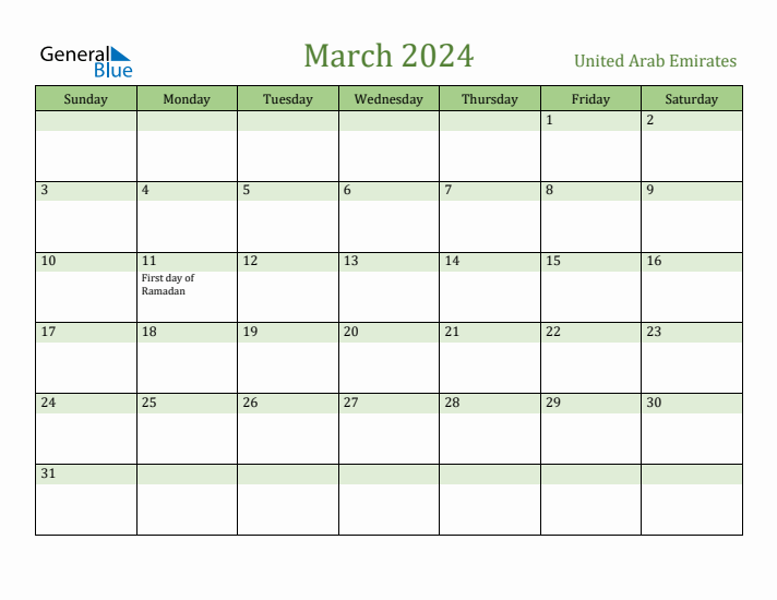 March 2024 Calendar with United Arab Emirates Holidays