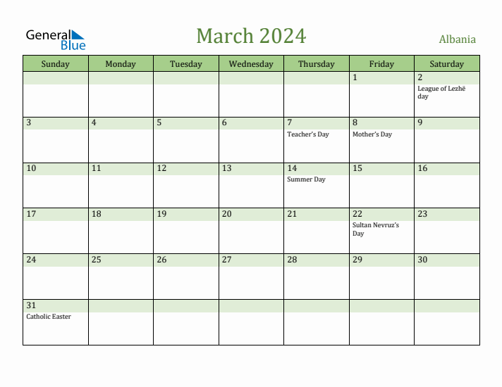 March 2024 Calendar with Albania Holidays