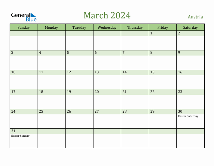 March 2024 Calendar with Austria Holidays