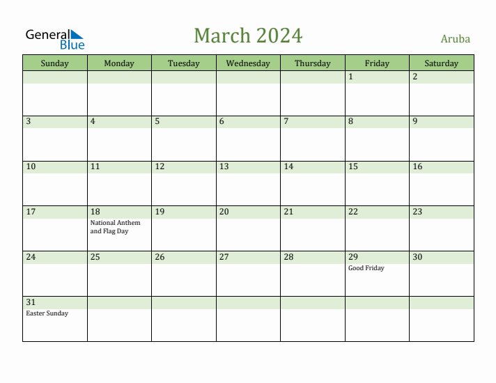 March 2024 Calendar with Aruba Holidays