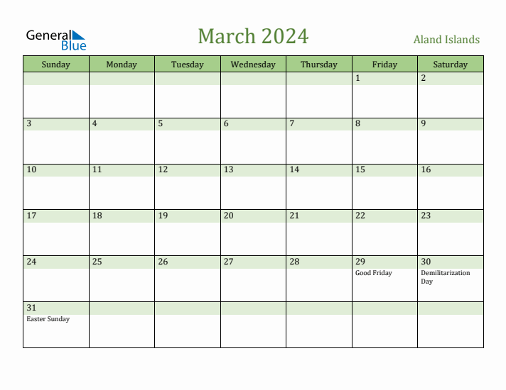 March 2024 Calendar with Aland Islands Holidays