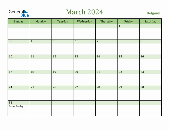 March 2024 Calendar with Belgium Holidays