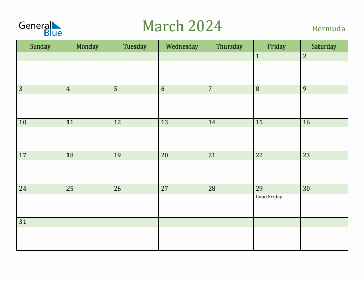 March 2024 Calendar with Bermuda Holidays