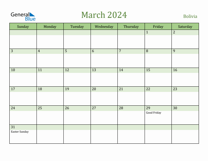 March 2024 Calendar with Bolivia Holidays