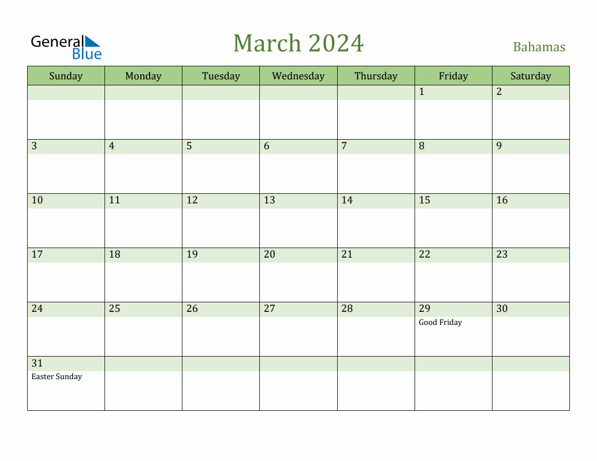 Fillable Holiday Calendar for Bahamas March 2024