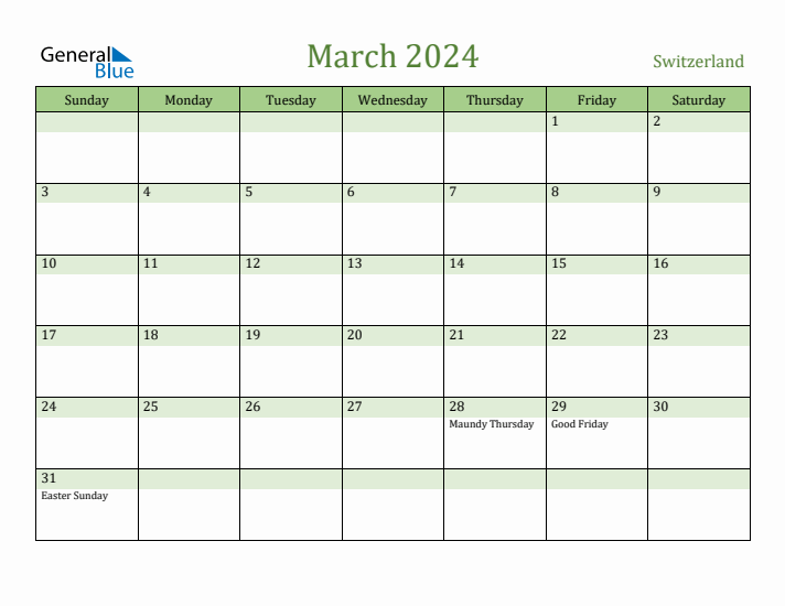 Fillable Holiday Calendar for Switzerland March 2024