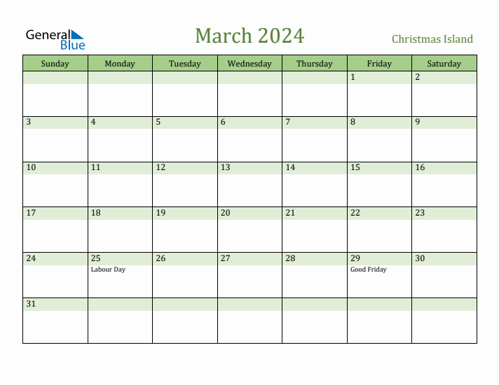 March 2024 Calendar with Christmas Island Holidays