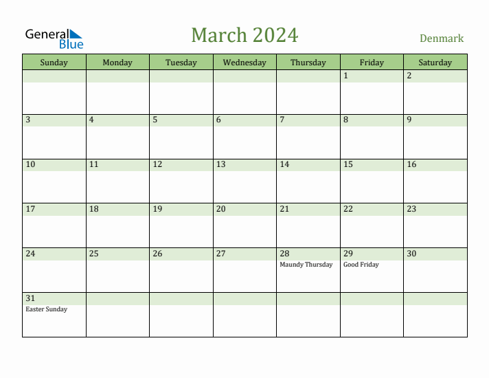 March 2024 Calendar with Denmark Holidays