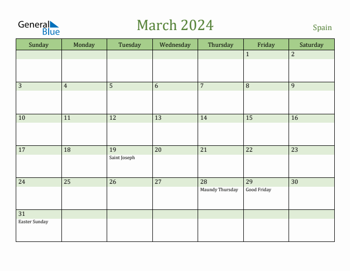 March 2024 Calendar with Spain Holidays