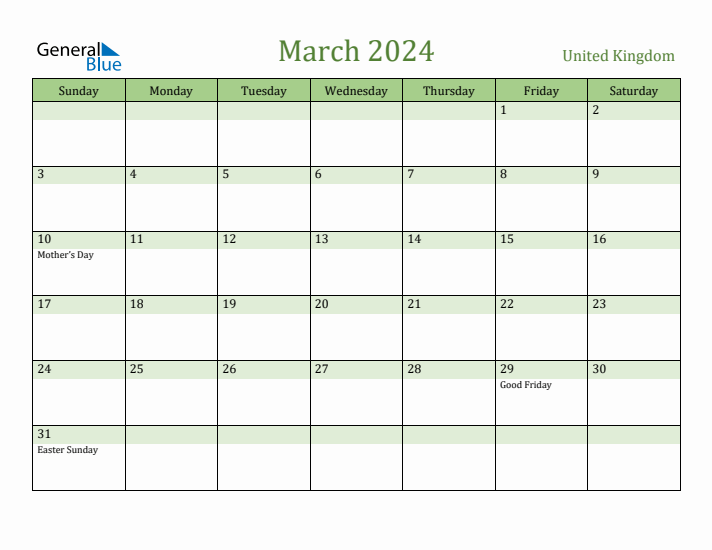 March 2024 Calendar with United Kingdom Holidays