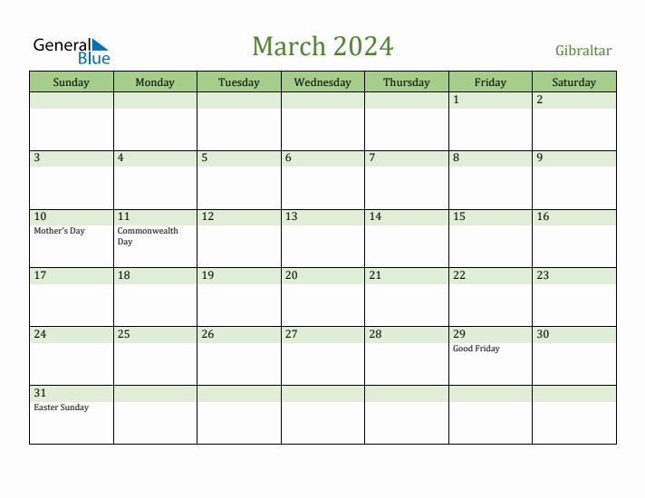 March 2024 Calendar with Gibraltar Holidays