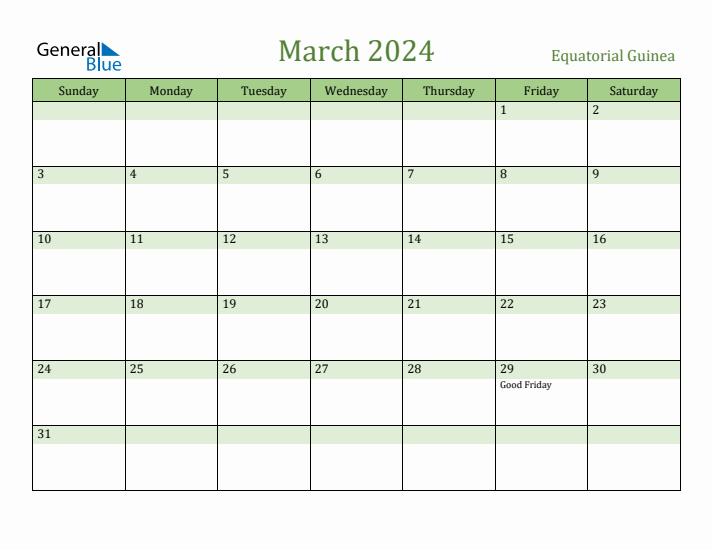 March 2024 Calendar with Equatorial Guinea Holidays