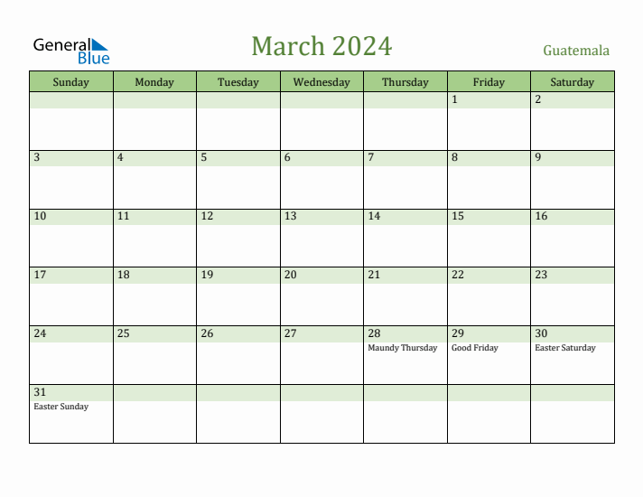 March 2024 Calendar with Guatemala Holidays