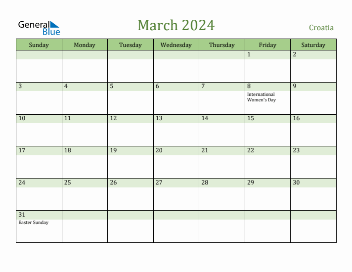 March 2024 Calendar with Croatia Holidays