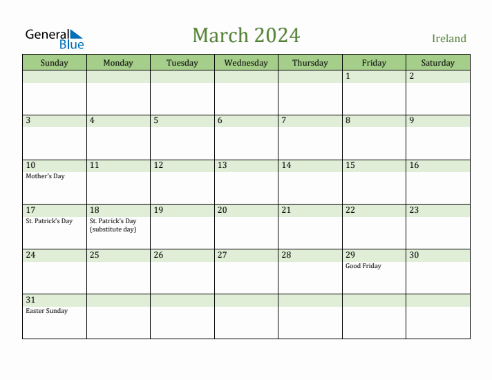 March 2024 Calendar with Ireland Holidays