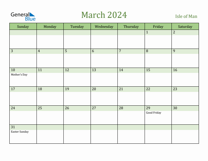 March 2024 Calendar with Isle of Man Holidays