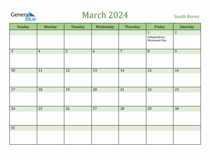 Fillable Holiday Calendar for South Korea March 2024
