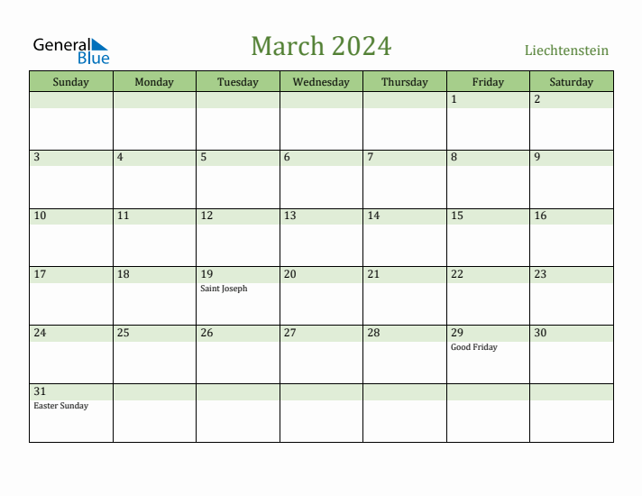 March 2024 Calendar with Liechtenstein Holidays