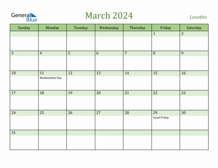 March 2024 Calendar with Lesotho Holidays