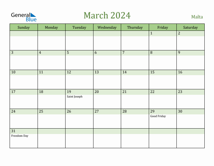 March 2024 Calendar with Malta Holidays