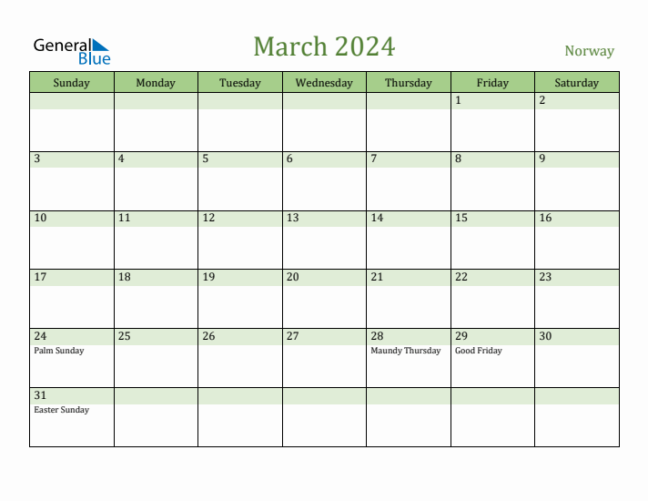 March 2024 Calendar with Norway Holidays