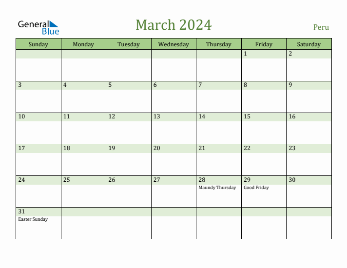 March 2024 Calendar with Peru Holidays
