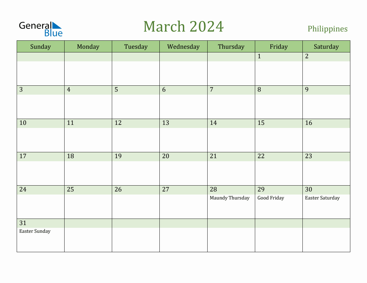Fillable Holiday Calendar for Philippines March 2024