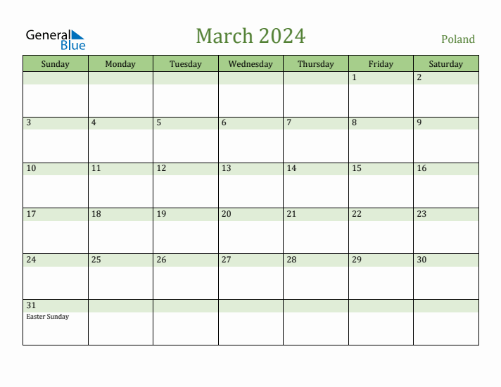 March 2024 Calendar with Poland Holidays
