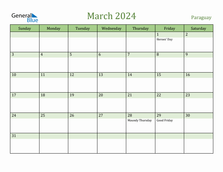 March 2024 Calendar with Paraguay Holidays