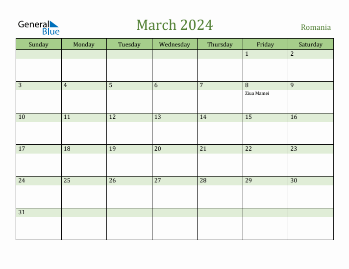 March 2024 Calendar with Romania Holidays