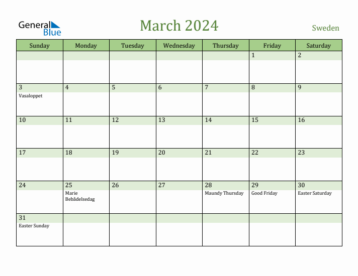 March 2024 Calendar with Sweden Holidays