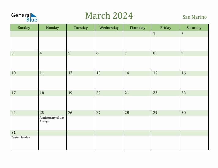 March 2024 Calendar with San Marino Holidays