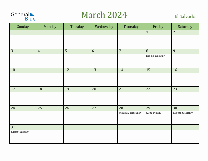 March 2024 Calendar with El Salvador Holidays