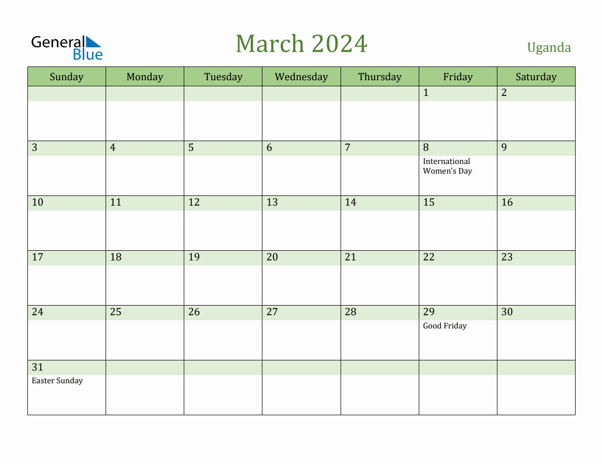 Fillable Holiday Calendar for Uganda March 2024