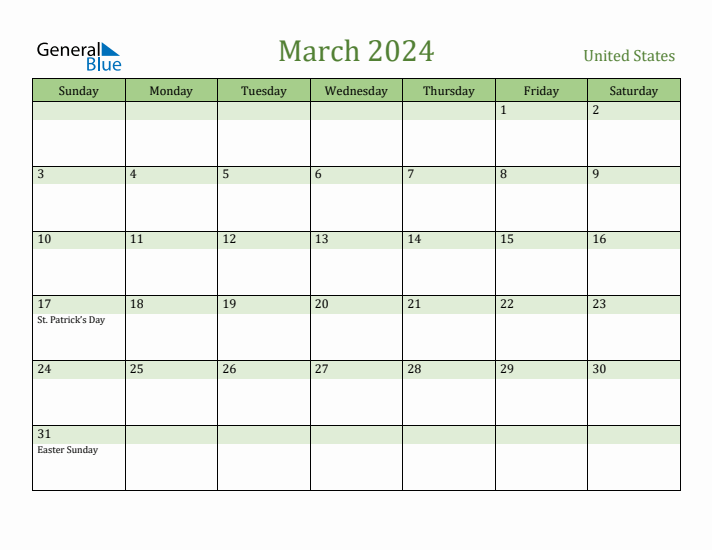 Fillable Holiday Calendar for United States March 2024