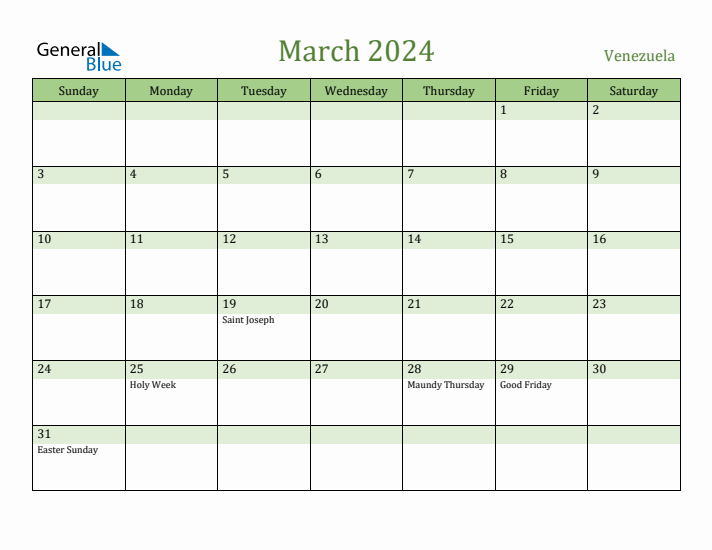March 2024 Calendar with Venezuela Holidays