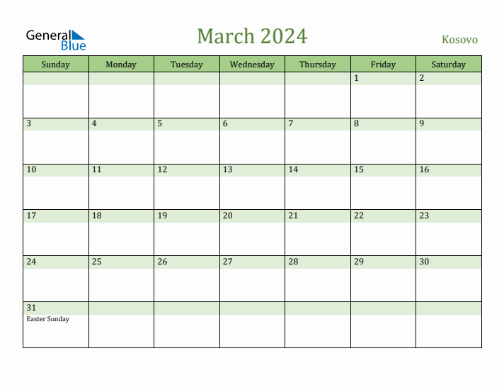 March 2024 Calendar with Kosovo Holidays