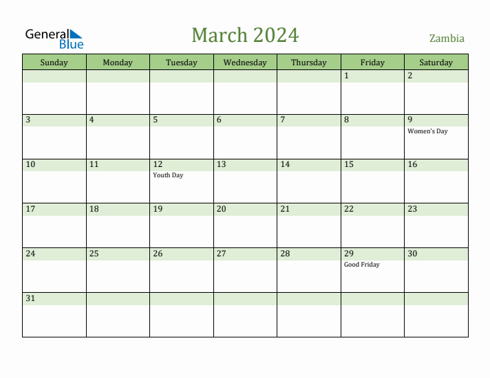 March 2024 Calendar with Zambia Holidays
