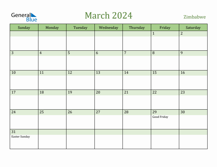 Fillable Holiday Calendar for Zimbabwe March 2024
