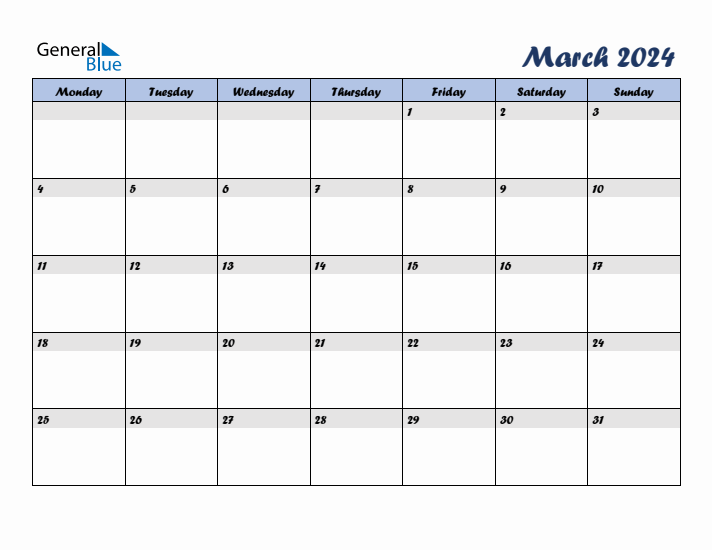 March 2024 Blue Calendar (Monday Start)