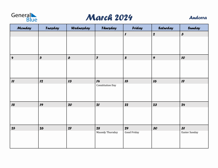 March 2024 Calendar with Holidays in Andorra
